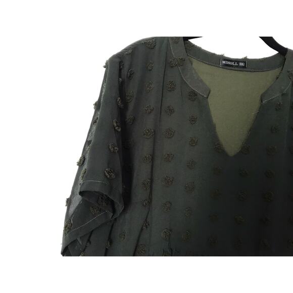 Miholl Dress Size XXL Army Green Swiss Dots Lined Short Sleeve Midi Babydoll - Picture 6 of 14
